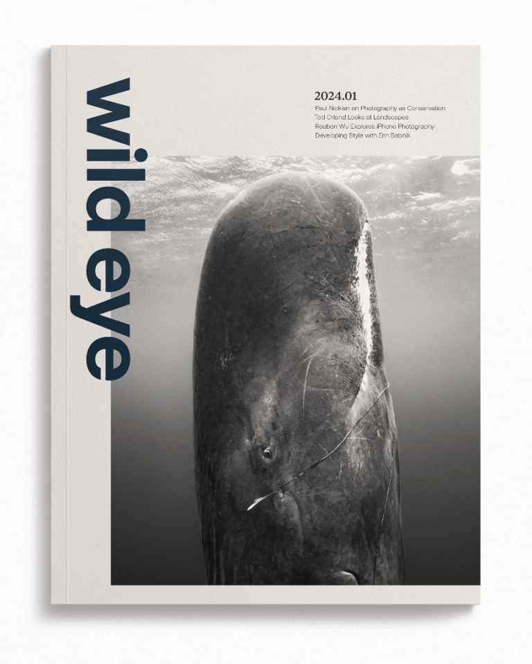 Wild Eye 2024.01 Issue Magazine Cover with drop shadow featuring Paul Nicklen on Photography as Conservation, Ted Orland Looks at Landscapes, Reuben Wu Explores iPhone Photography, Developing Style with Erin Babnik