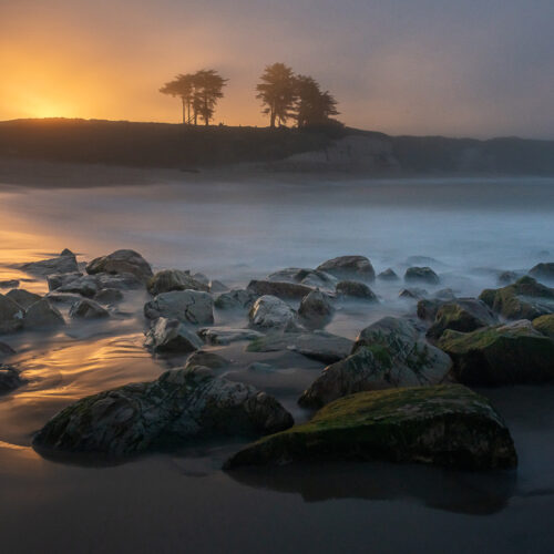 A sunset over the ocean with rocks in the front of the frame, golden light in the backgorund with dusk blues on the water.