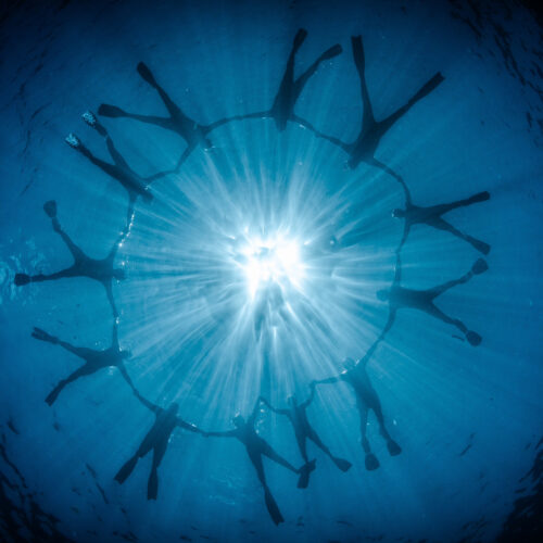 a circle of scuba swimmers centered around a light fixtured above, with photographer underneath the waters image looking like an eye