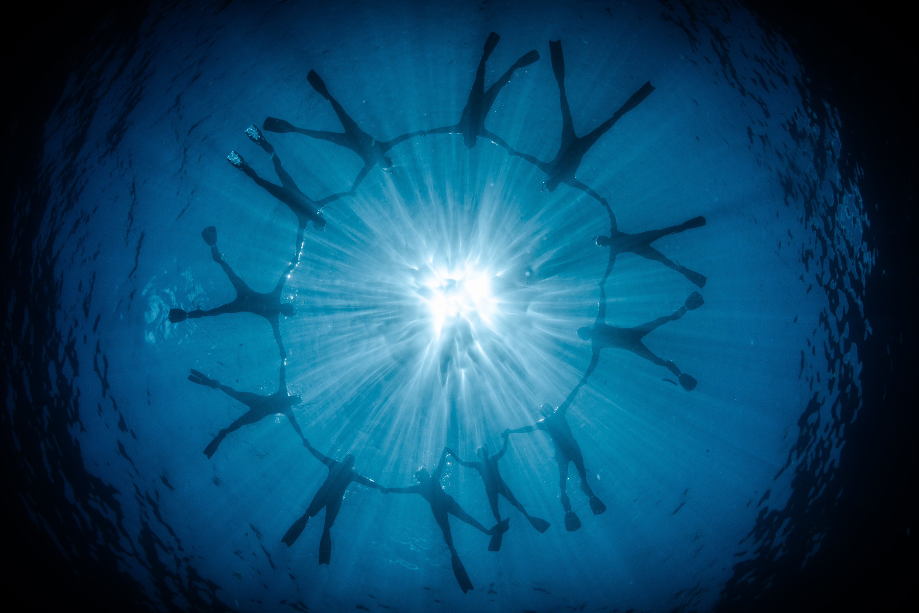 a circle of scuba swimmers centered around a light fixtured above, with photographer underneath the waters image looking like an eye